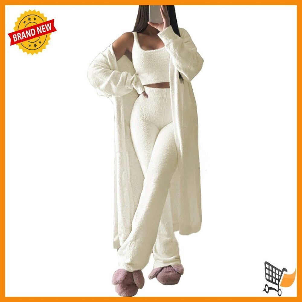 Fuzzy 3-Piece Lounge Set Crop Tank Wide Leg Pants Cardigan
